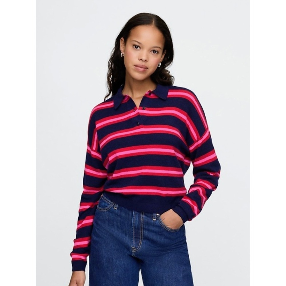 Gap CashSoft Preppy Navy Red Pink Striped Knit Polo Sweater Cozy Women Size XXS